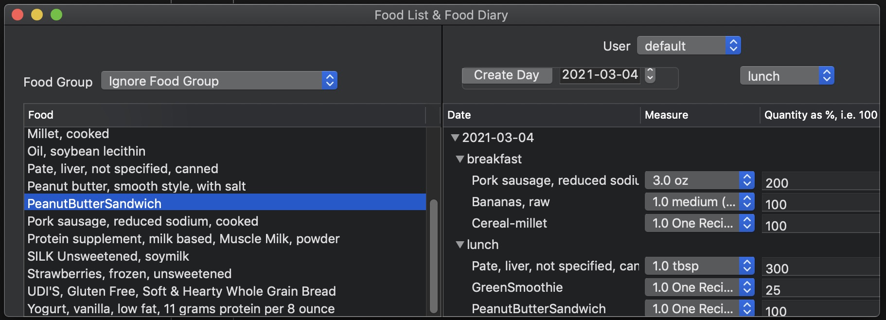 FoodListFoodDiary Window